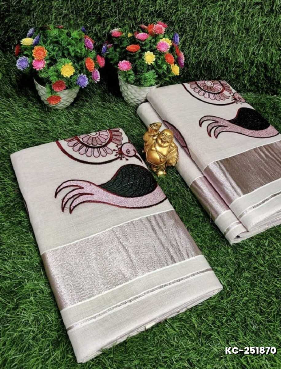 TRENDING KERALA SPECIAL FULL WORK EMBOSSED DIGITAL PRINTING TISSUE SAREE COLLECTIONS - IVORY COLOUR (2)