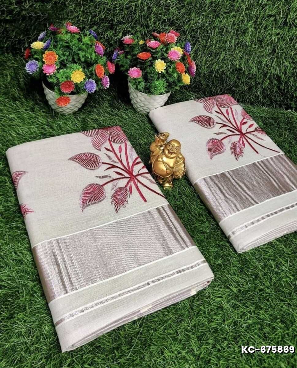 TRENDING KERALA SPECIAL FULL WORK EMBOSSED DIGITAL PRINTING TISSUE SAREE COLLECTIONS - BEIGE COLOUR (4)