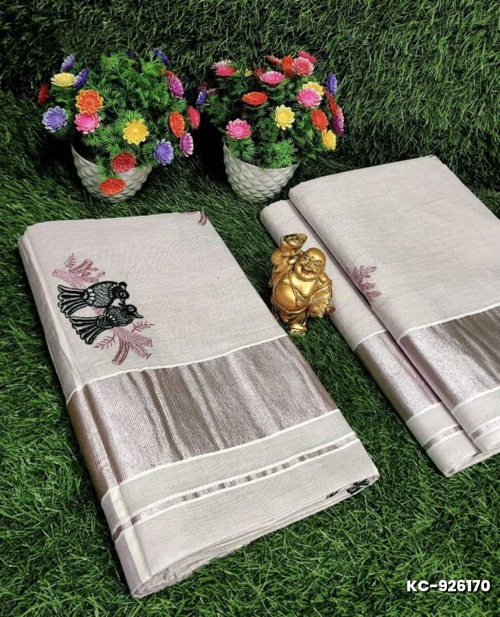 TRENDING KERALA SPECIAL FULL WORK EMBOSSED DIGITAL PRINTING TISSUE SAREE COLLECTIONS - IVORY COLOUR (4)
