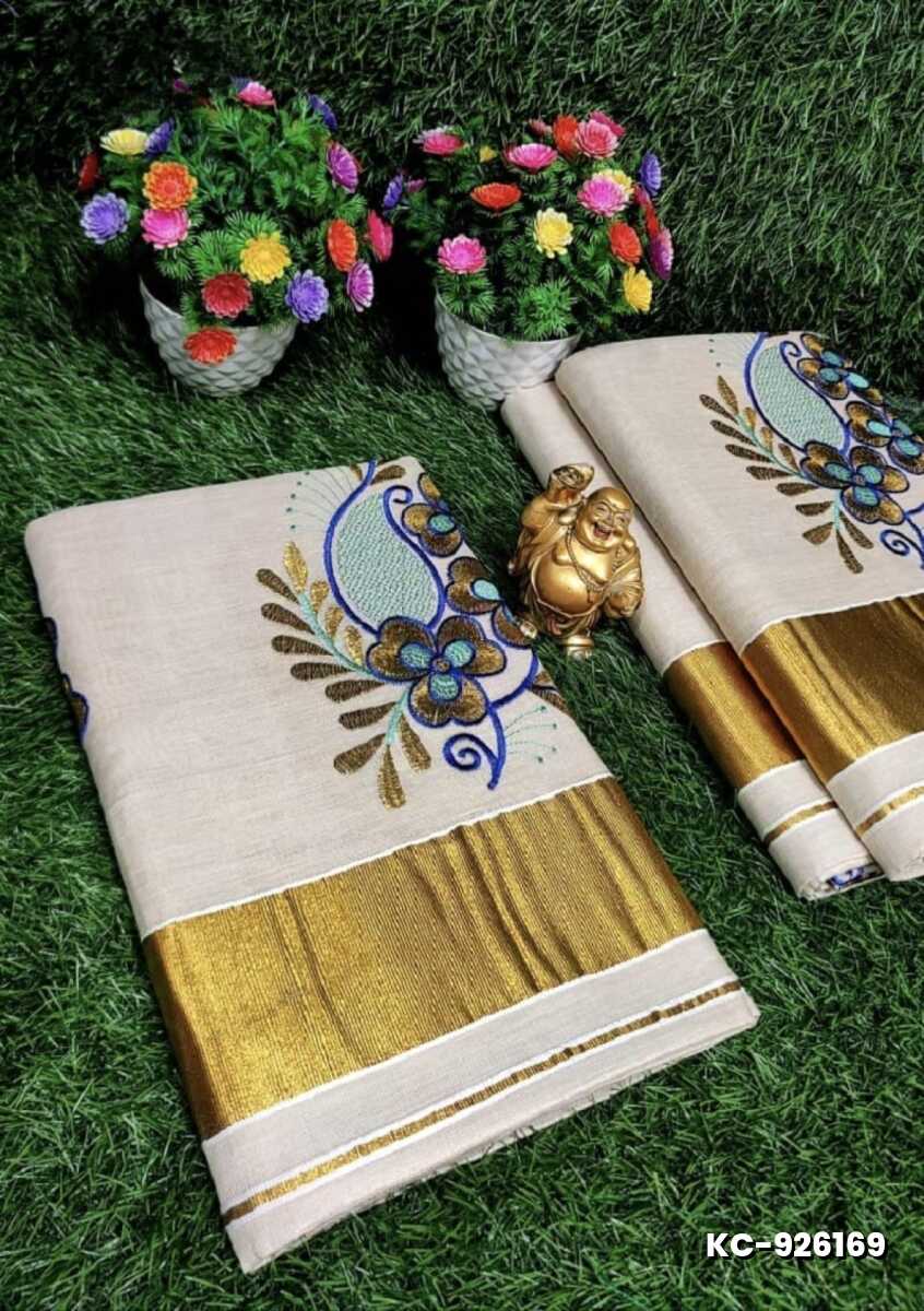 TRENDING KERALA SPECIAL FULL WORK EMBOSSED DIGITAL PRINTING TISSUE SAREE COLLECTIONS - BEIGE COLOUR (5)