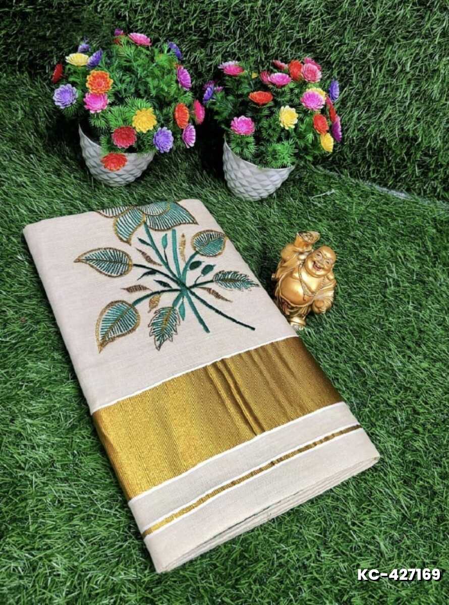 TRENDING KERALA SPECIAL FULL WORK EMBOSSED DIGITAL PRINTING TISSUE SAREE COLLECTIONS - BEIGE COLOUR (6)