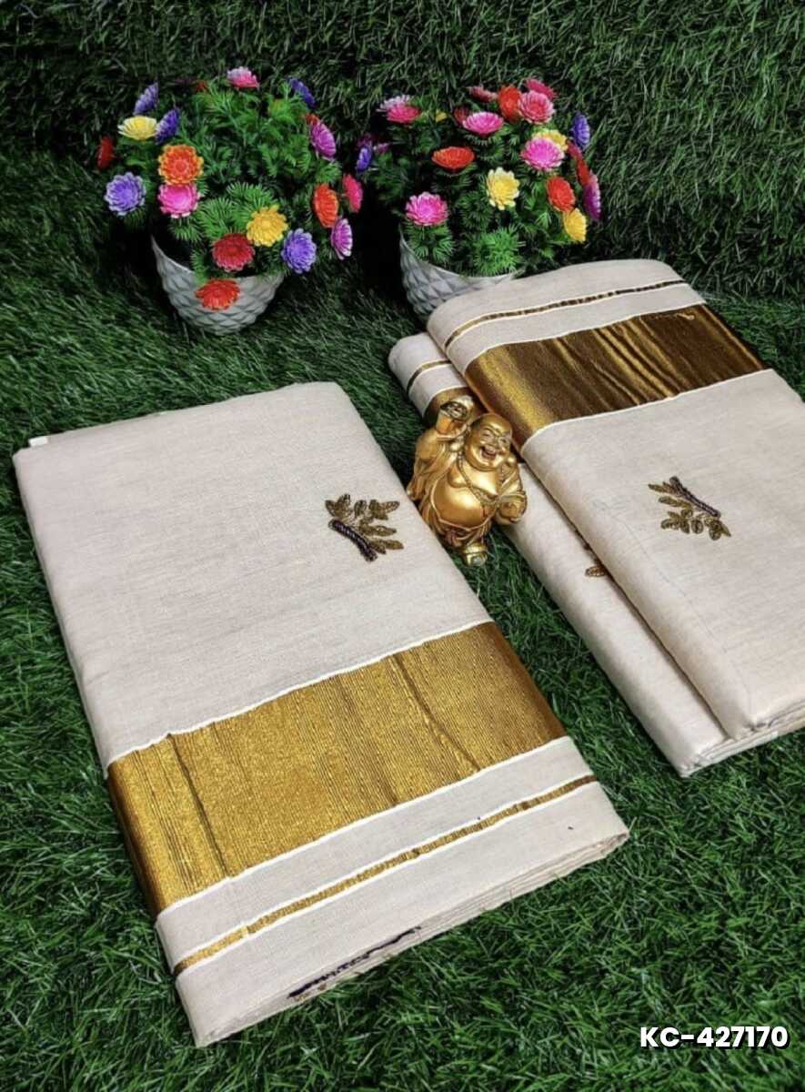 TRENDING KERALA SPECIAL FULL WORK EMBOSSED DIGITAL PRINTING TISSUE SAREE COLLECTIONS - IVORY COLOUR (5)
