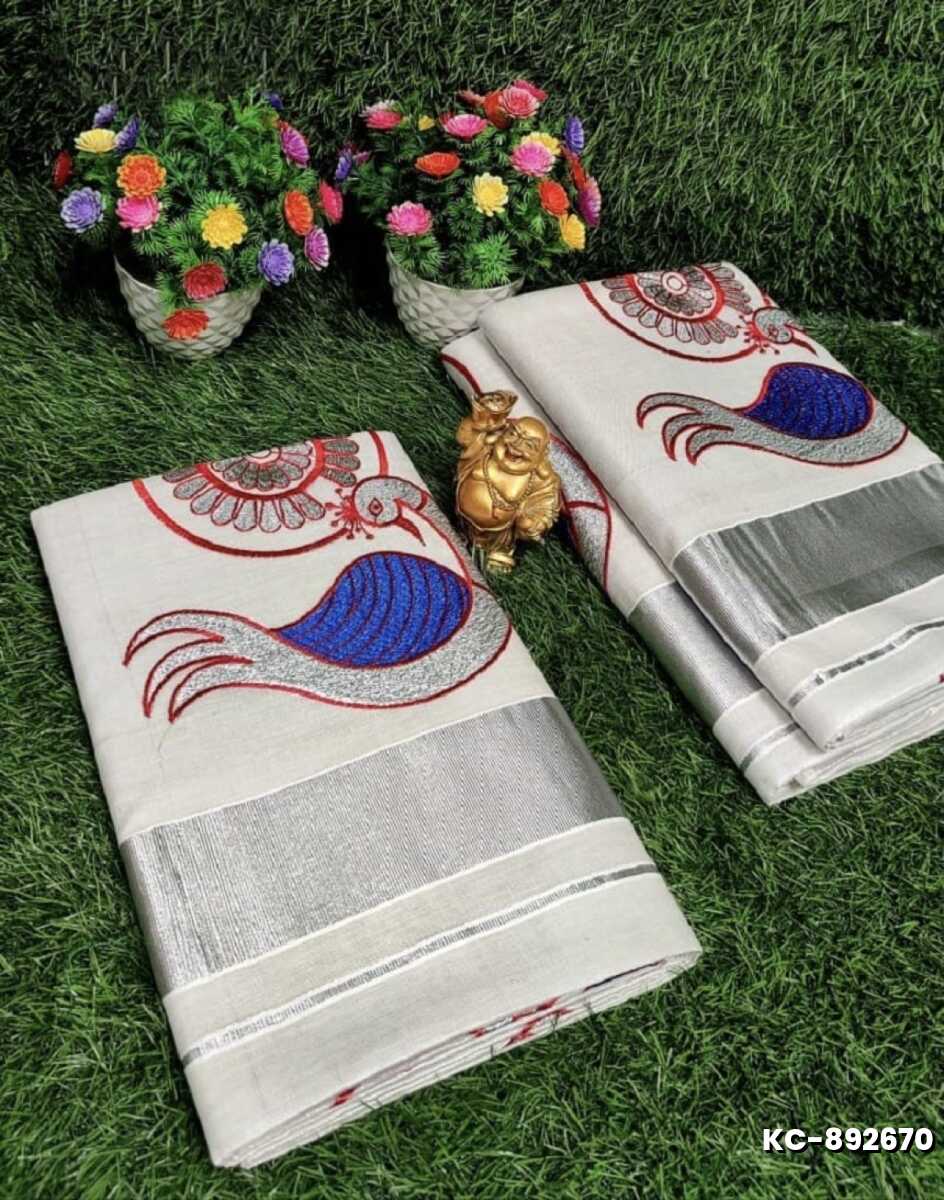 TRENDING KERALA SPECIAL FULL WORK EMBOSSED DIGITAL PRINTING TISSUE SAREE COLLECTIONS - IVORY COLOUR (6)