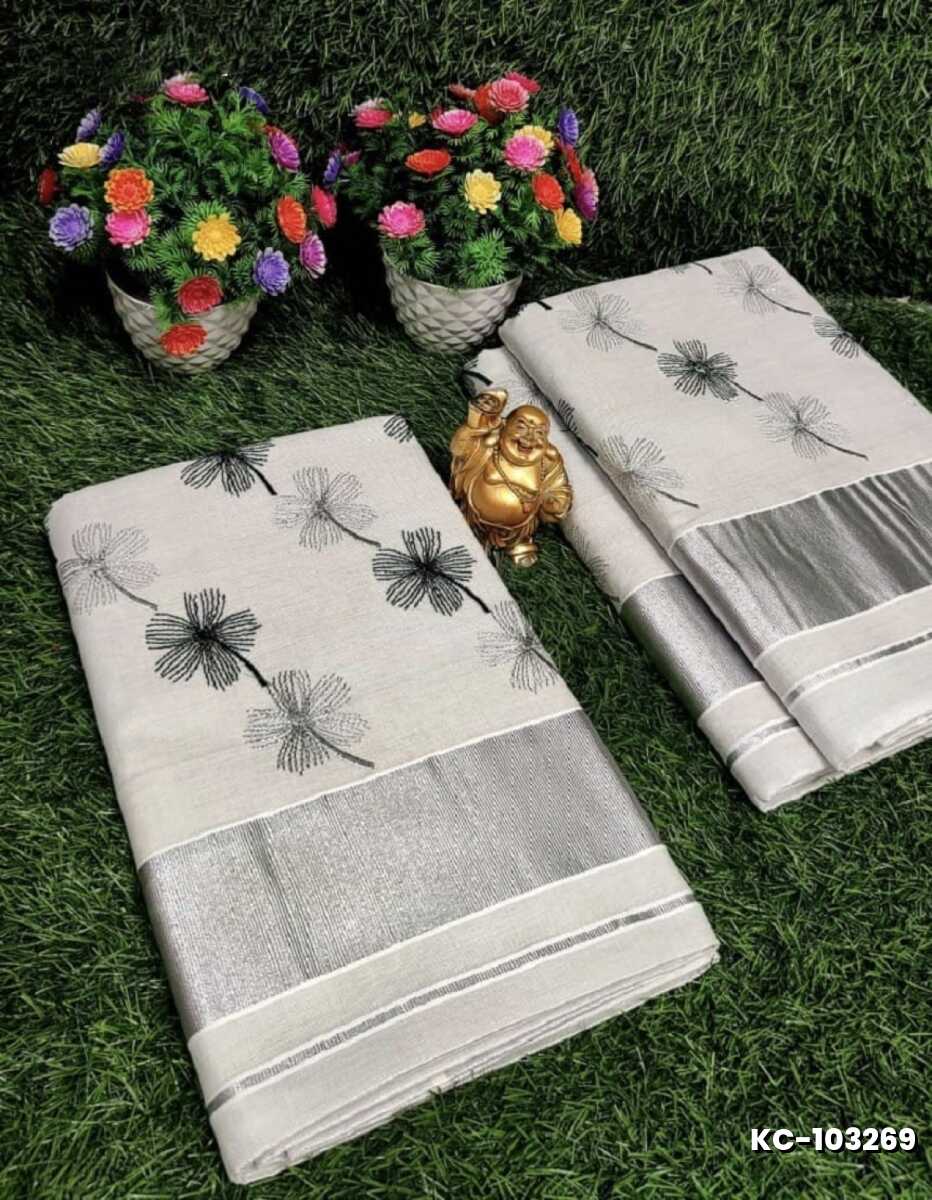 TRENDING KERALA SPECIAL FULL WORK EMBOSSED DIGITAL PRINTING TISSUE SAREE COLLECTIONS - BEIGE COLOUR (8)