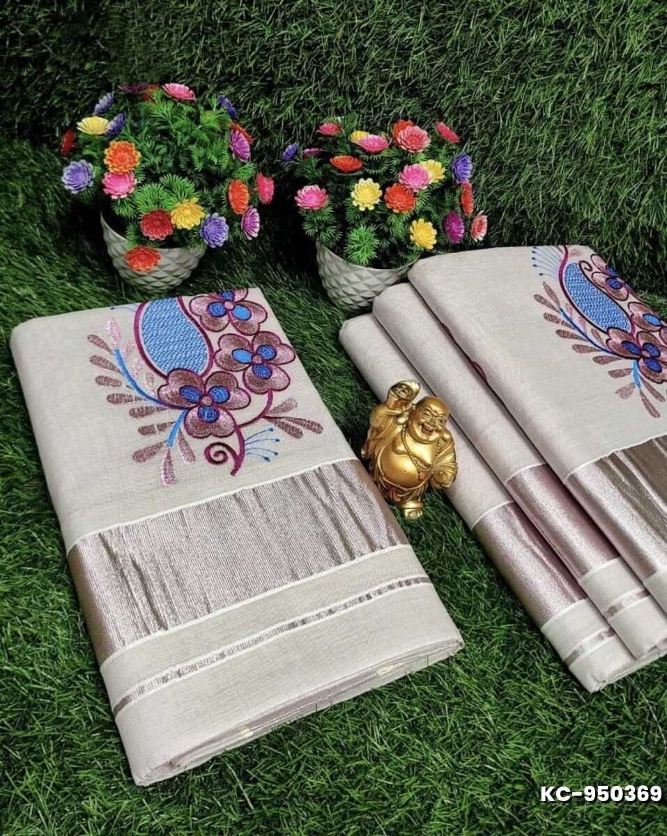 TRENDING KERALA SPECIAL FULL WORK EMBOSSED DIGITAL PRINTING TISSUE SAREE COLLECTIONS - BEIGE COLOUR (10)