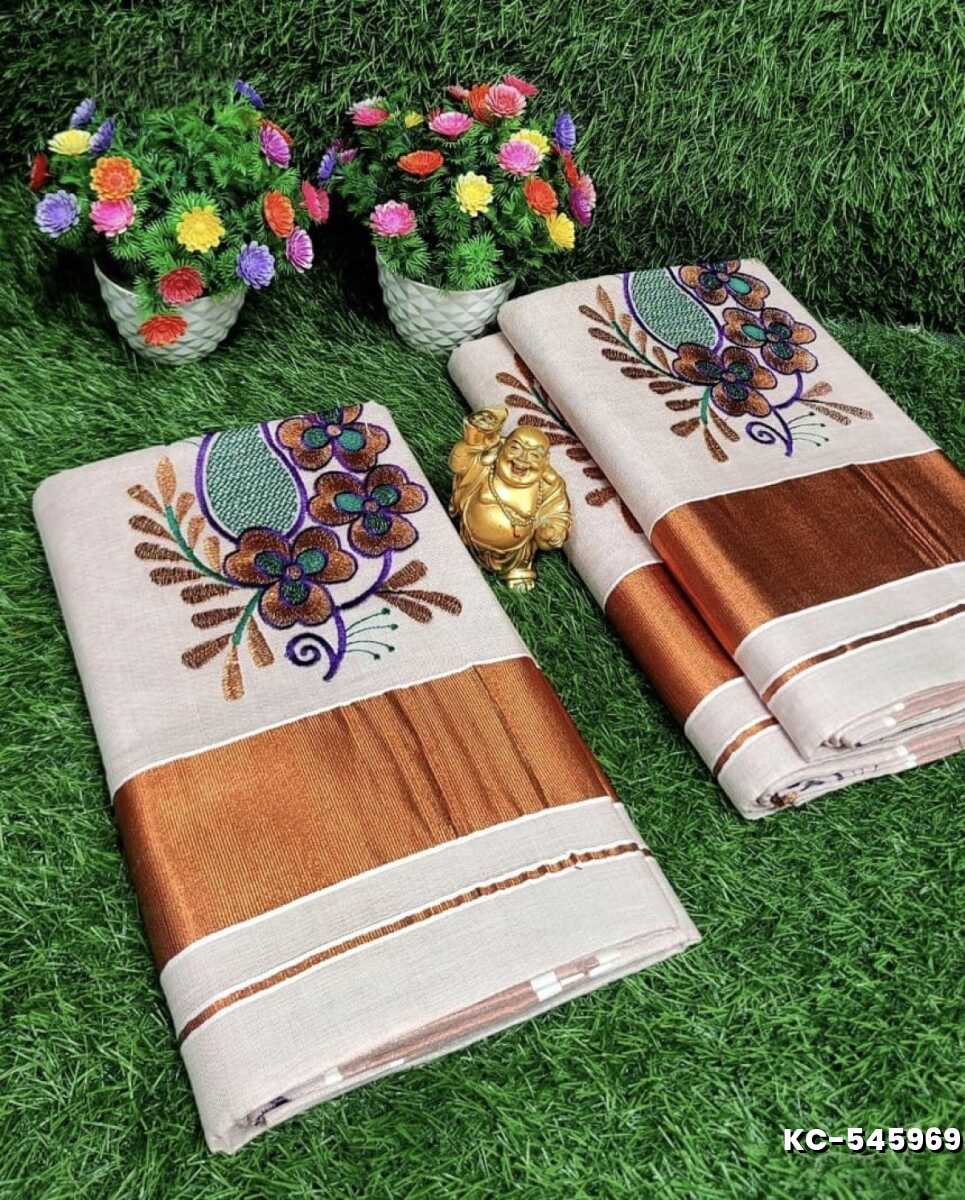 TRENDING KERALA SPECIAL FULL WORK EMBOSSED DIGITAL PRINTING TISSUE SAREE COLLECTIONS - BEIGE COLOUR (11)