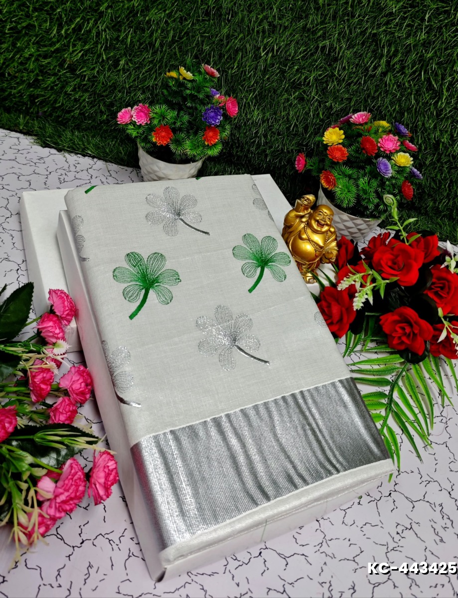 TRENDING KERALA SPECIAL FULL WORK EMBOSSED DIGITAL PRINTING TISSUE SAREE COLLECTIONS - WHITE (29)