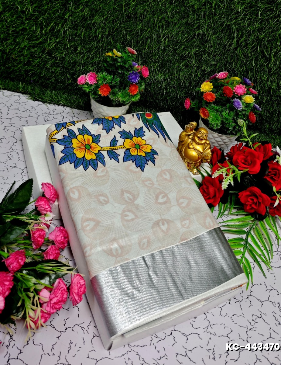 TRENDING KERALA SPECIAL FULL WORK EMBOSSED DIGITAL PRINTING TISSUE SAREE COLLECTIONS - IVORY COLOUR (14)