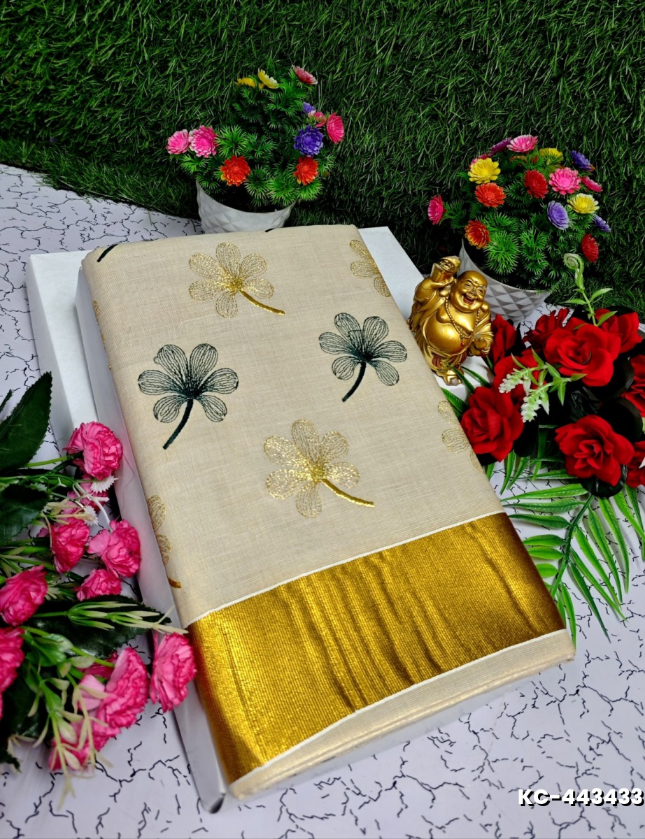 TRENDING KERALA SPECIAL FULL WORK EMBOSSED DIGITAL PRINTING TISSUE SAREE COLLECTIONS - CREAM (9)