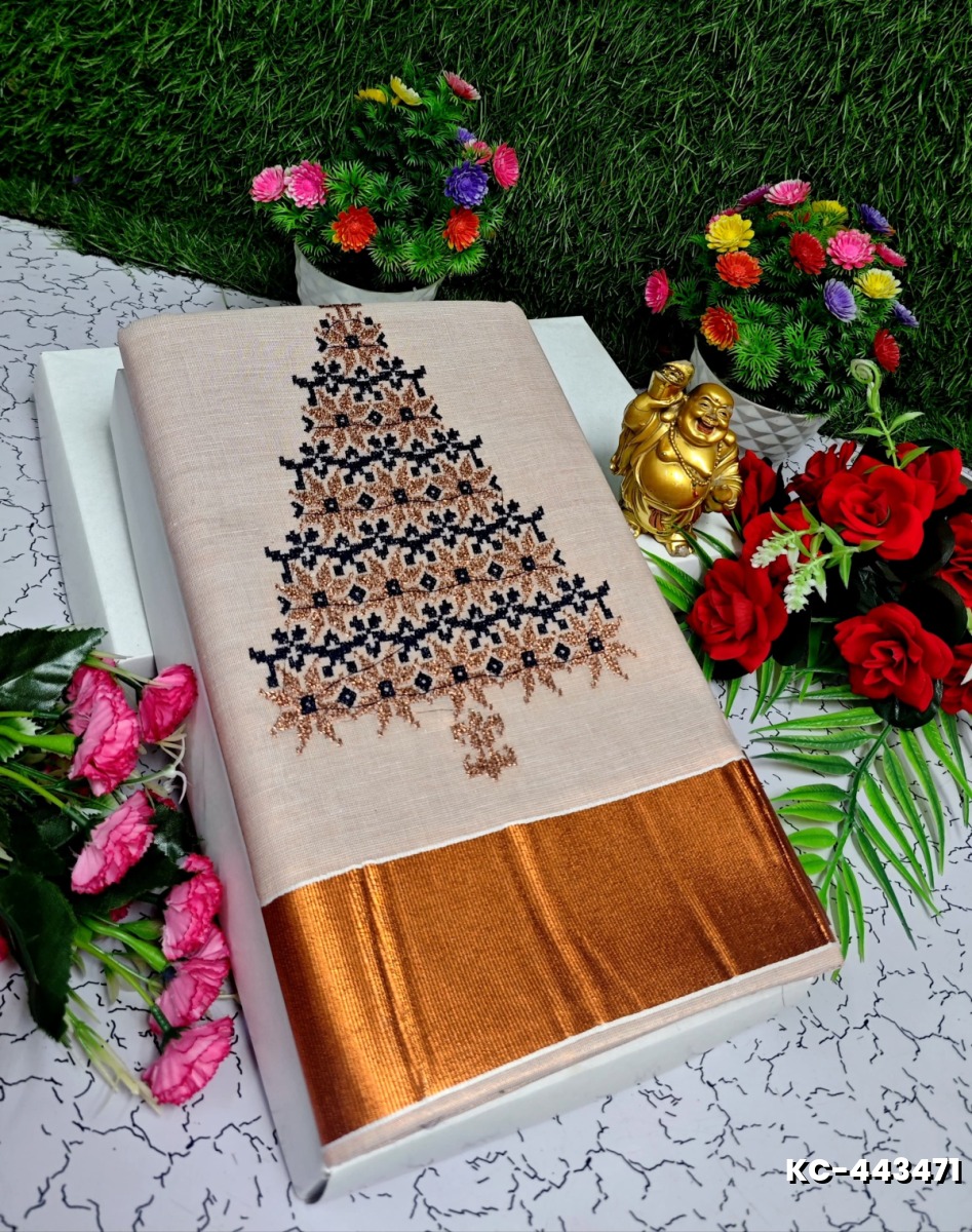 TRENDING KERALA SPECIAL FULL WORK EMBOSSED DIGITAL PRINTING TISSUE SAREE COLLECTIONS - PEACH COLOUR