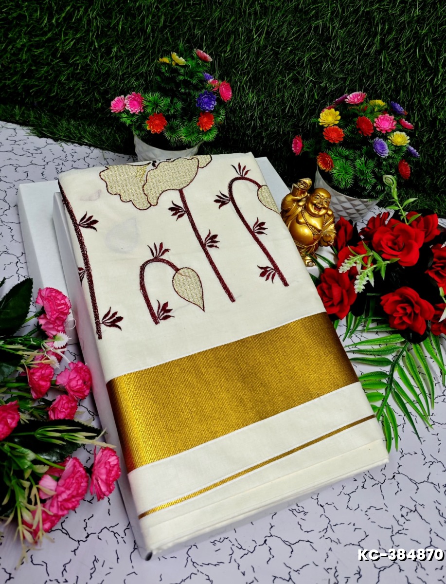 TRENDING KERALA SPECIAL FULL WORK EMBOSSED DIGITAL PRINTING TISSUE SAREE COLLECTIONS - IVORY COLOUR (15)