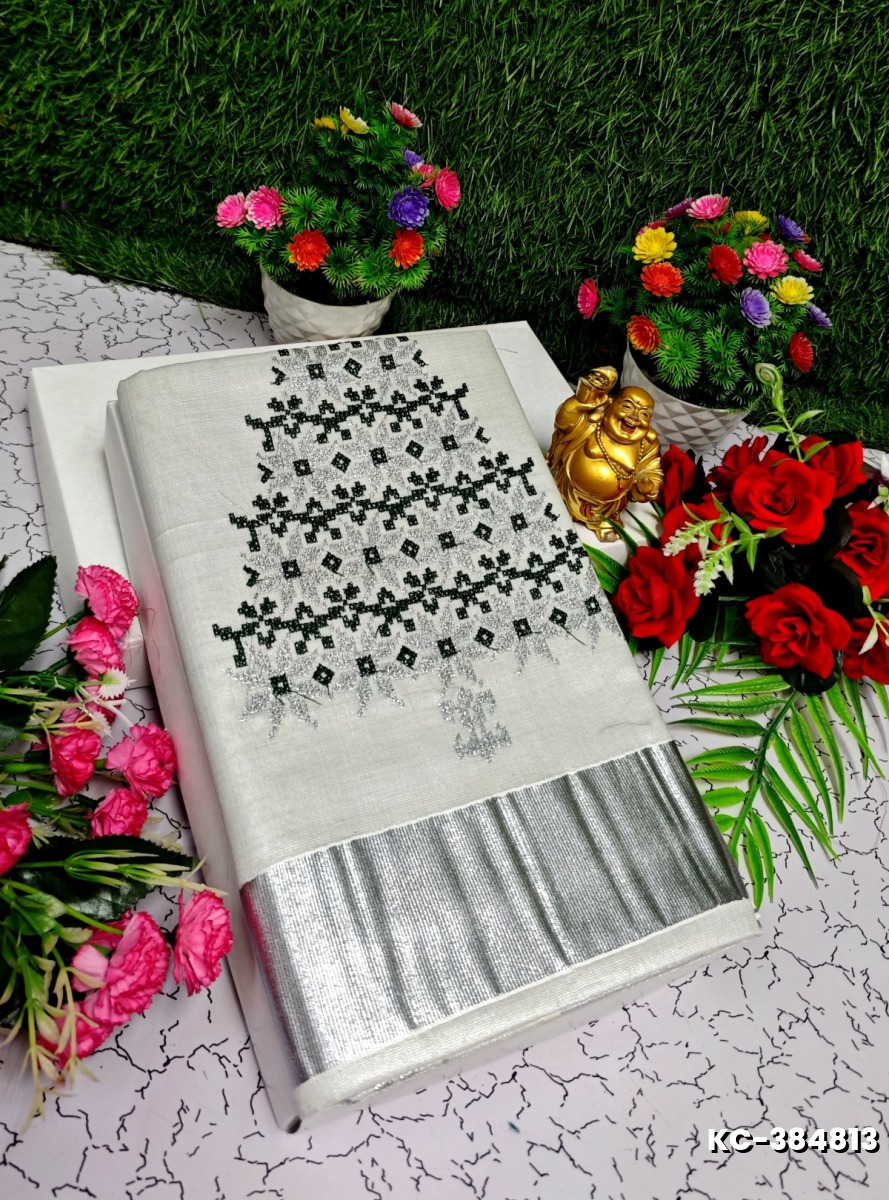 TRENDING KERALA SPECIAL FULL WORK EMBOSSED DIGITAL PRINTING TISSUE SAREE COLLECTIONS - SILVAR (4)