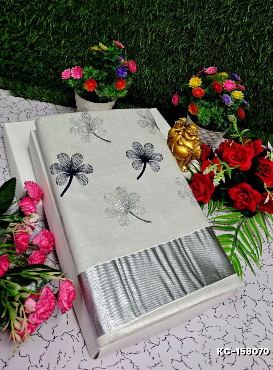 TRENDING KERALA SPECIAL FULL WORK EMBOSSED DIGITAL PRINTING TISSUE SAREE COLLECTIONS - IVORY COLOUR (16)