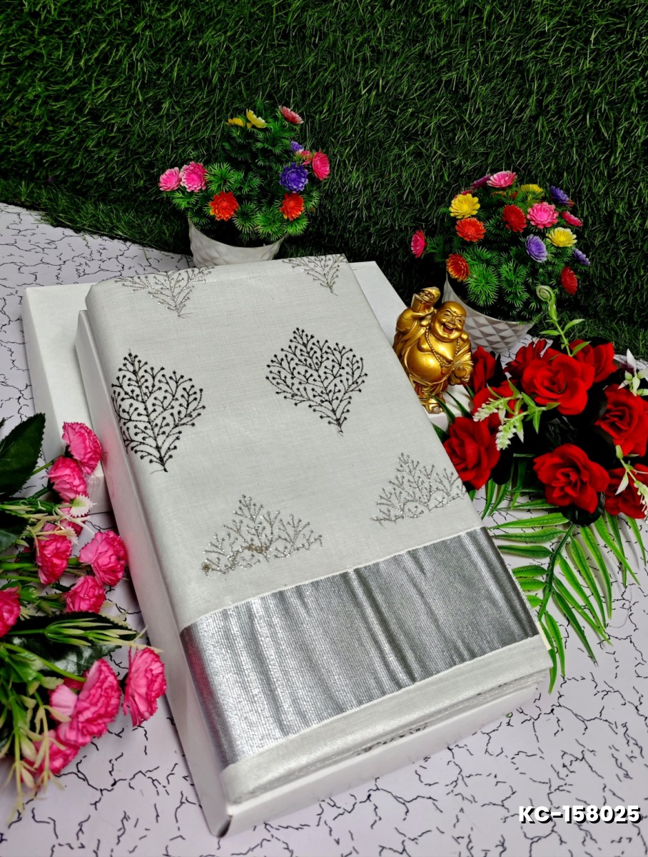 TRENDING KERALA SPECIAL FULL WORK EMBOSSED DIGITAL PRINTING TISSUE SAREE COLLECTIONS - WHITE (31)