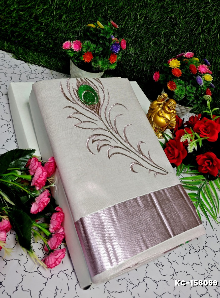 TRENDING KERALA SPECIAL FULL WORK EMBOSSED DIGITAL PRINTING TISSUE SAREE COLLECTIONS - BEIGE COLOUR (17)