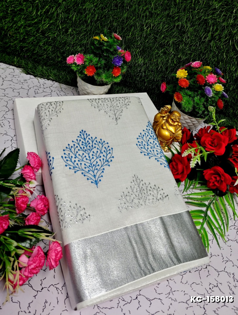 TRENDING KERALA SPECIAL FULL WORK EMBOSSED DIGITAL PRINTING TISSUE SAREE COLLECTIONS - SILVAR (6)