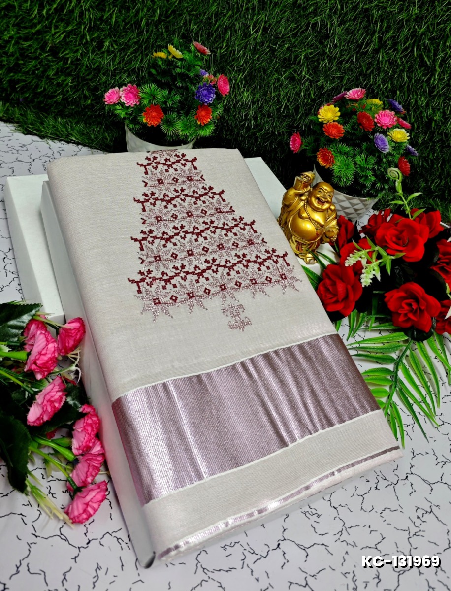 TRENDING KERALA SPECIAL FULL WORK EMBOSSED DIGITAL PRINTING TISSUE SAREE COLLECTIONS - BEIGE COLOUR (18)