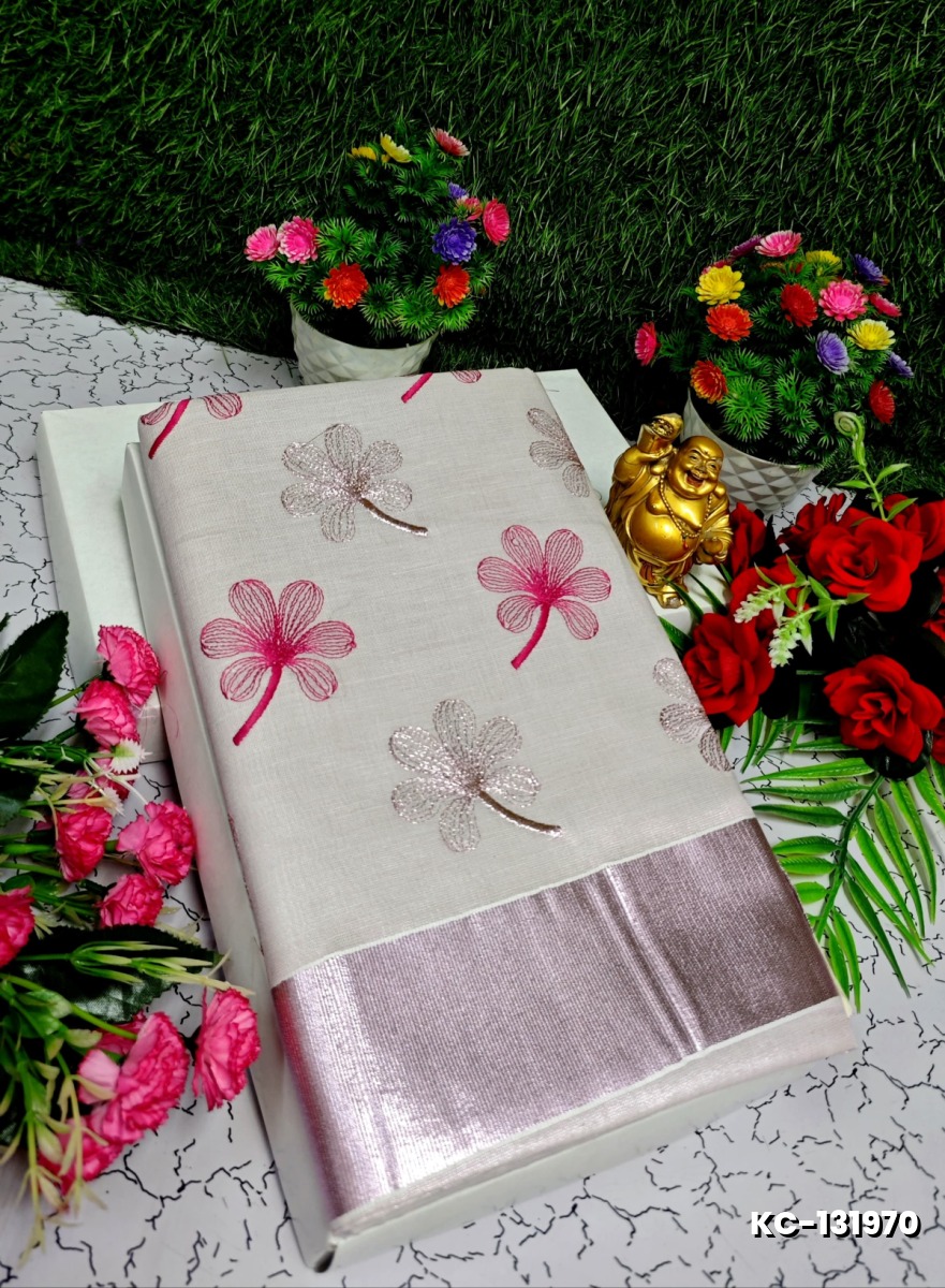TRENDING KERALA SPECIAL FULL WORK EMBOSSED DIGITAL PRINTING TISSUE SAREE COLLECTIONS - IVORY COLOUR (17)