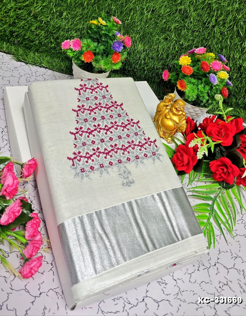 TRENDING KERALA SPECIAL FULL WORK EMBOSSED DIGITAL PRINTING TISSUE SAREE COLLECTIONS - BEIGE COLOUR (19)
