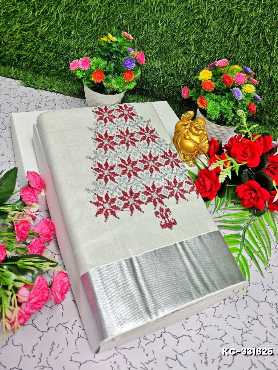 TRENDING KERALA SPECIAL FULL WORK EMBOSSED DIGITAL PRINTING TISSUE SAREE COLLECTIONS - WHITE (33)
