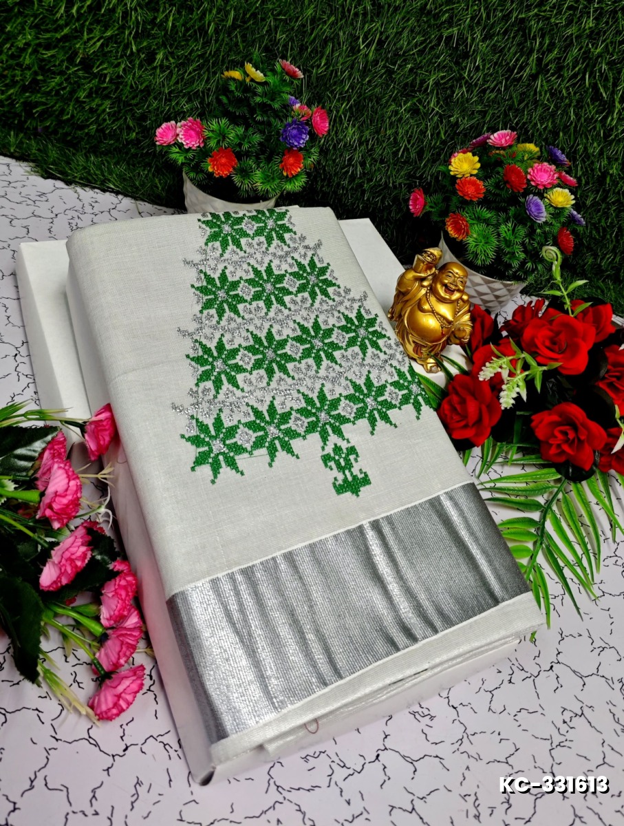 TRENDING KERALA SPECIAL FULL WORK EMBOSSED DIGITAL PRINTING TISSUE SAREE COLLECTIONS - SILVAR (8)