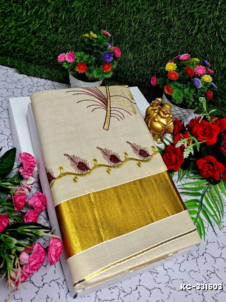 TRENDING KERALA SPECIAL FULL WORK EMBOSSED DIGITAL PRINTING TISSUE SAREE COLLECTIONS - GOLD (2)