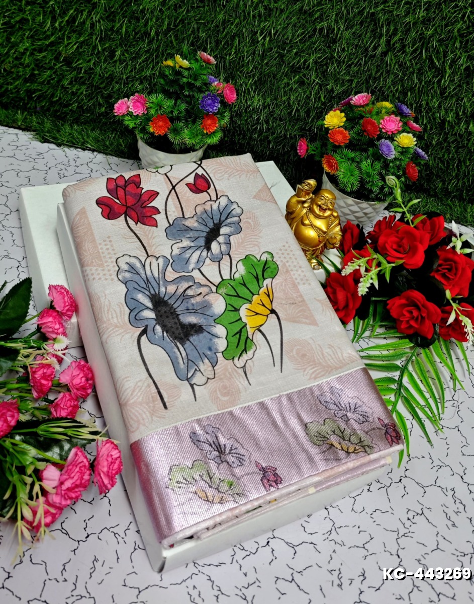 TRENDING KERALA SPECIAL FULL WORK EMBOSSED DIGITAL PRINTING TISSUE SAREE COLLECTIONS - BEIGE COLOUR (20)