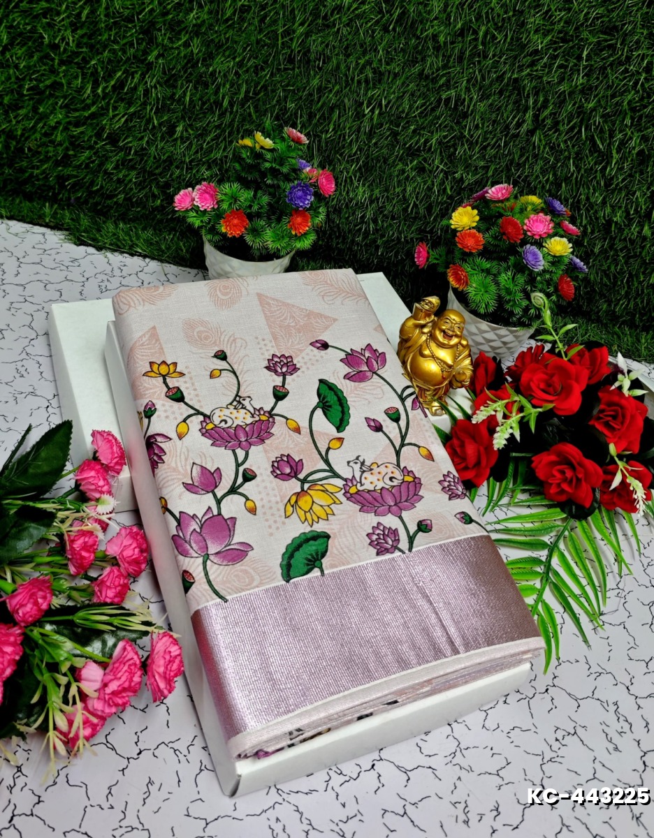 TRENDING KERALA SPECIAL FULL WORK EMBOSSED DIGITAL PRINTING TISSUE SAREE COLLECTIONS - WHITE (34)