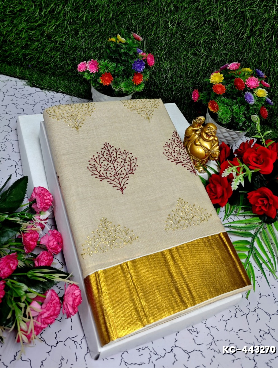 TRENDING KERALA SPECIAL FULL WORK EMBOSSED DIGITAL PRINTING TISSUE SAREE COLLECTIONS - IVORY COLOUR (19)