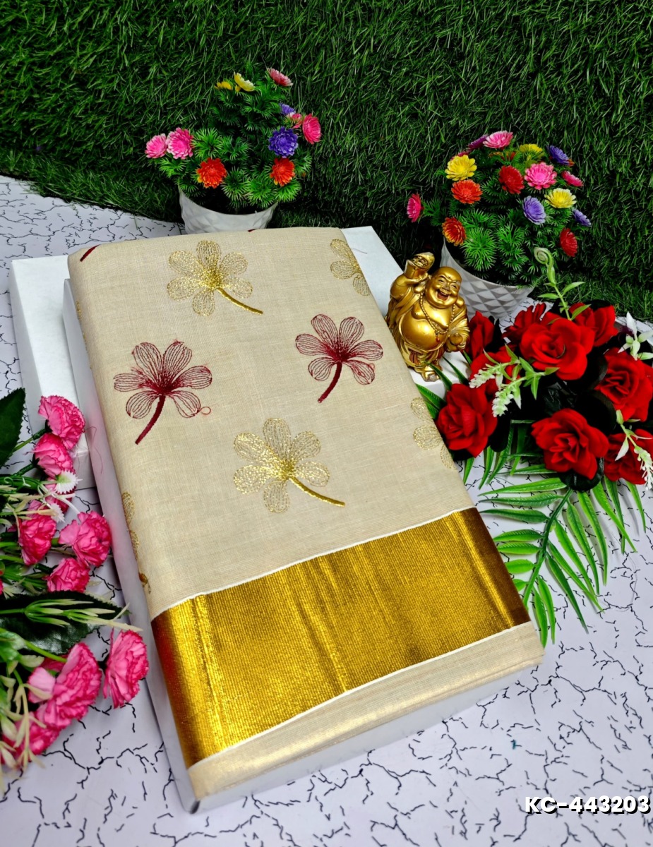 TRENDING KERALA SPECIAL FULL WORK EMBOSSED DIGITAL PRINTING TISSUE SAREE COLLECTIONS - GOLD (3)