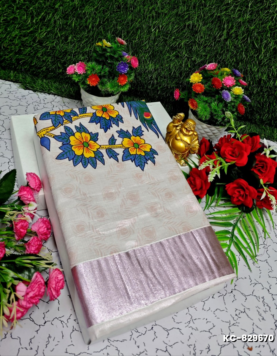 TRENDING KERALA SPECIAL FULL WORK EMBOSSED DIGITAL PRINTING TISSUE SAREE COLLECTIONS - IVORY COLOUR (20)