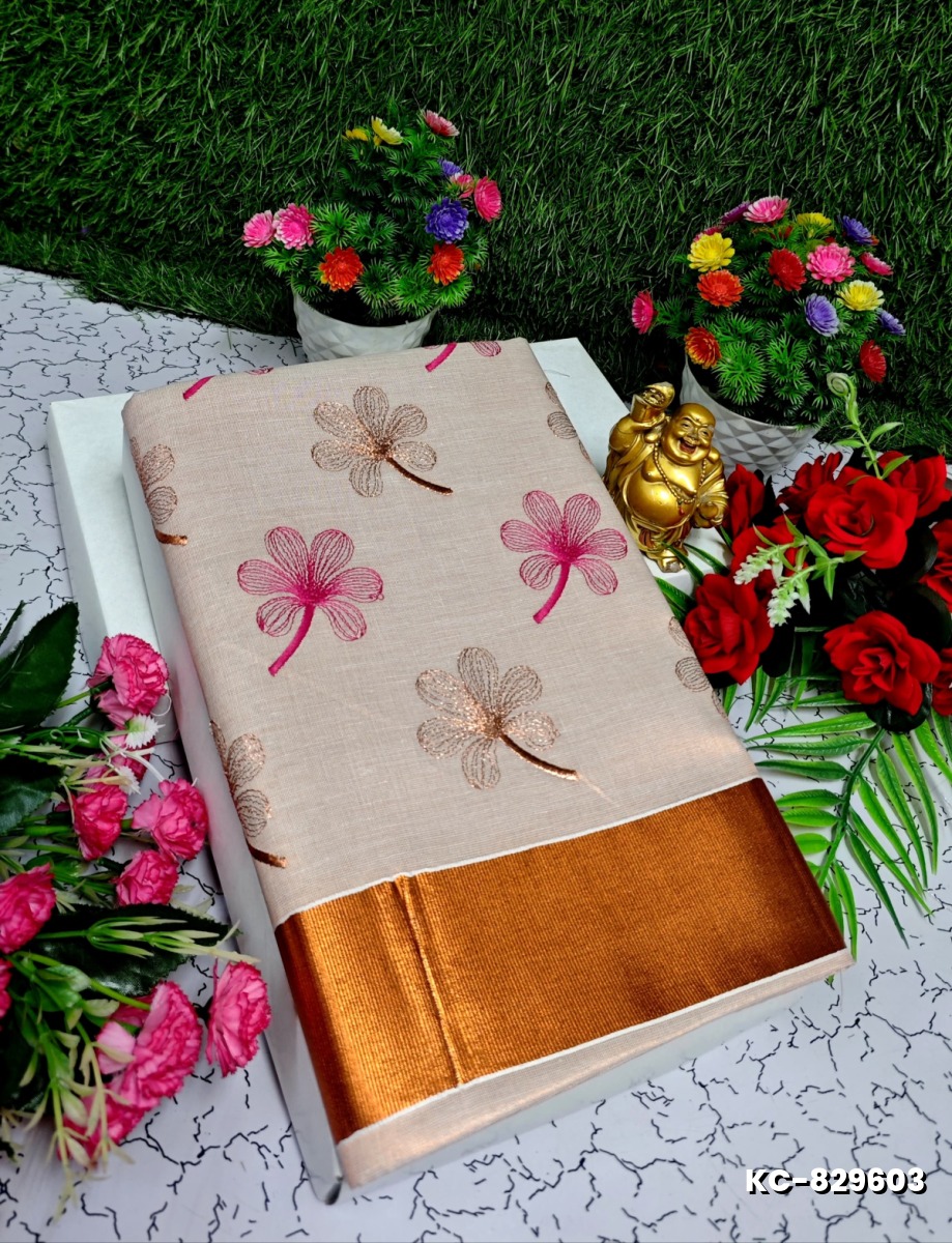 TRENDING KERALA SPECIAL FULL WORK EMBOSSED DIGITAL PRINTING TISSUE SAREE COLLECTIONS - GOLD (4)