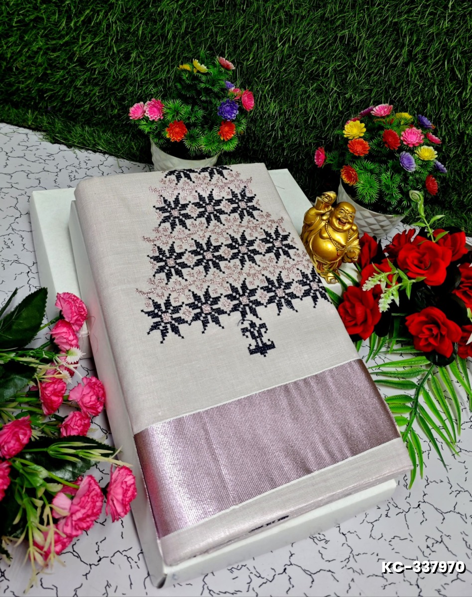 TRENDING KERALA SPECIAL FULL WORK EMBOSSED DIGITAL PRINTING TISSUE SAREE COLLECTIONS - IVORY COLOUR (21)