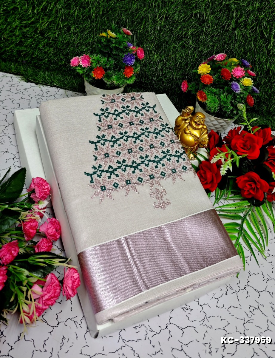 TRENDING KERALA SPECIAL FULL WORK EMBOSSED DIGITAL PRINTING TISSUE SAREE COLLECTIONS - BEIGE COLOUR (22)