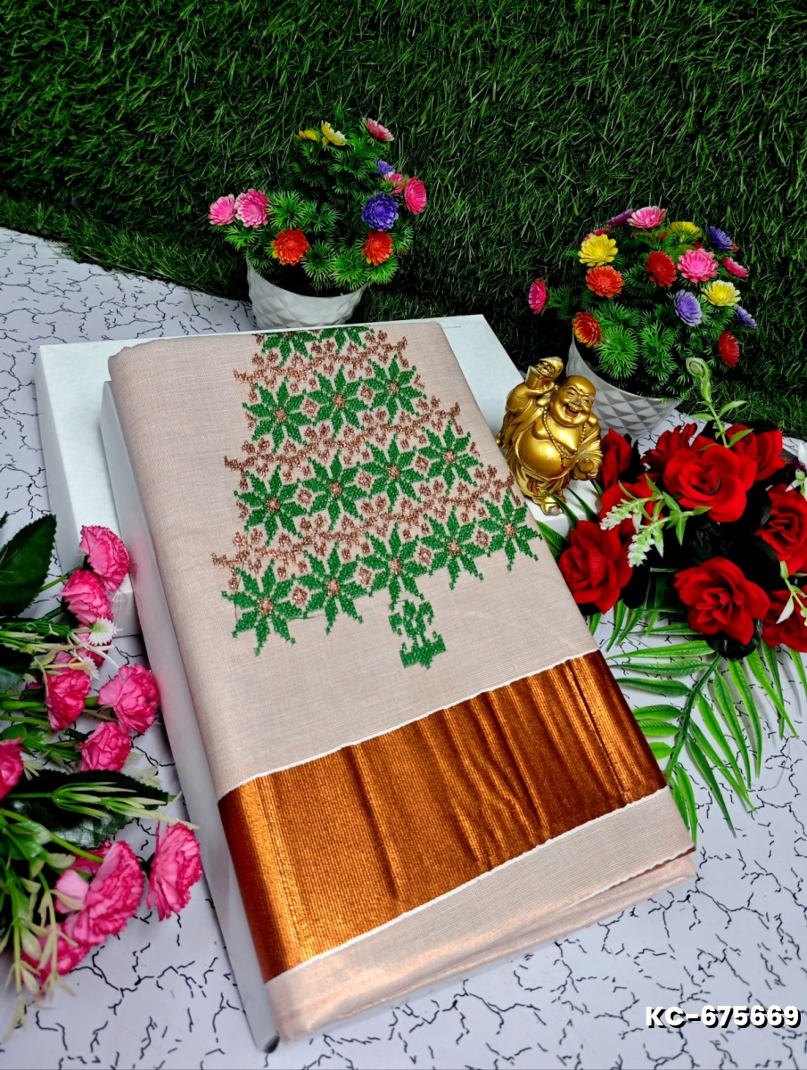 TRENDING KERALA SPECIAL FULL WORK EMBOSSED DIGITAL PRINTING TISSUE SAREE COLLECTIONS - BEIGE COLOUR (23)