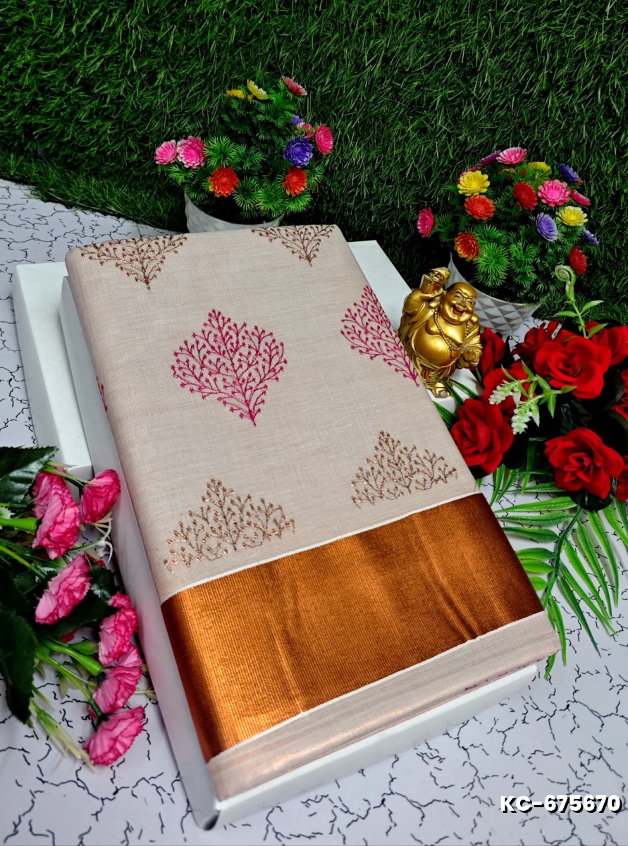 TRENDING KERALA SPECIAL FULL WORK EMBOSSED DIGITAL PRINTING TISSUE SAREE COLLECTIONS - IVORY COLOUR (22)