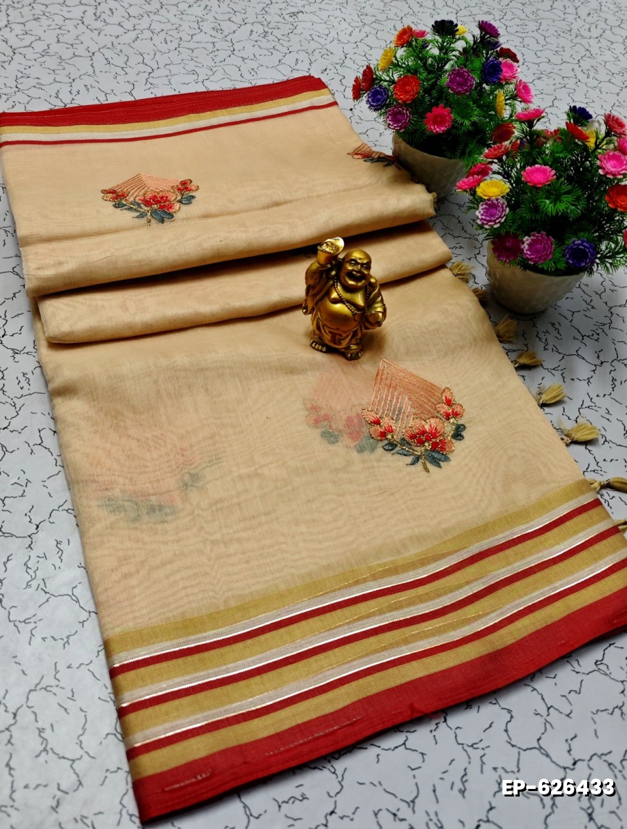 DIGITAL EMBROIDERY PRINTING COTTON SAREES - CREAM