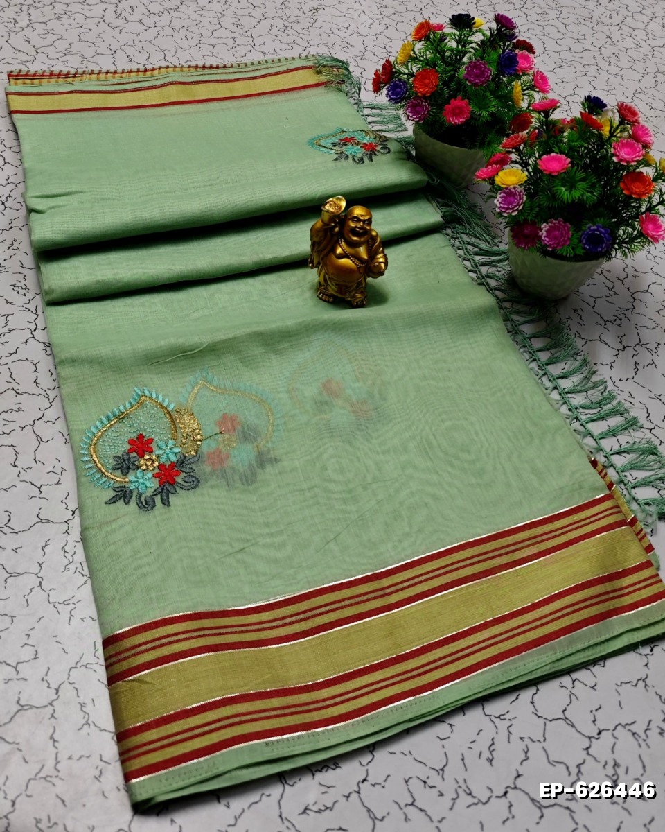 DIGITAL EMBROIDERY PRINTING COTTON SAREES - LIGHT GREEN SHADE