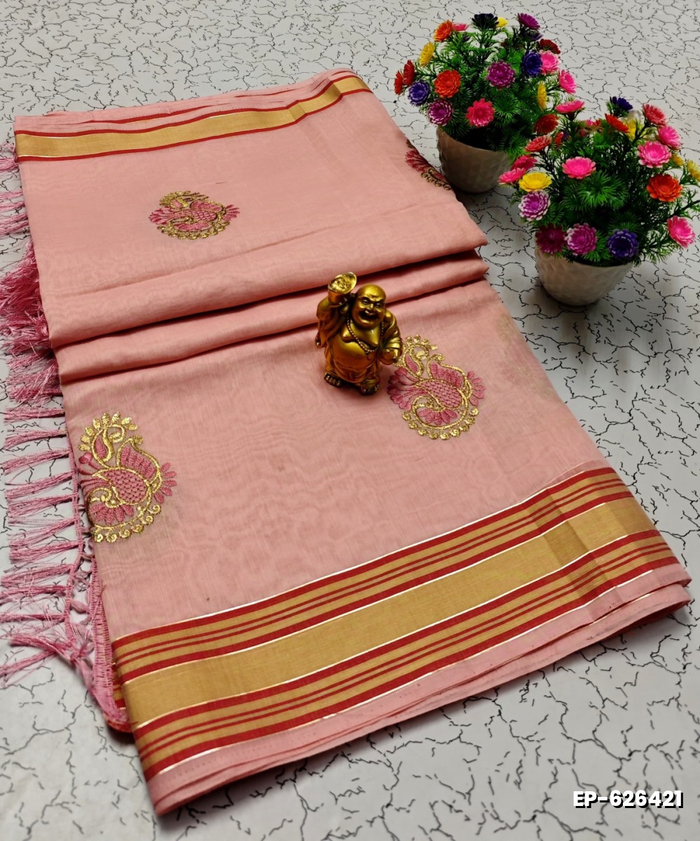 DIGITAL EMBROIDERY PRINTING COTTON SAREES - BABY PINK