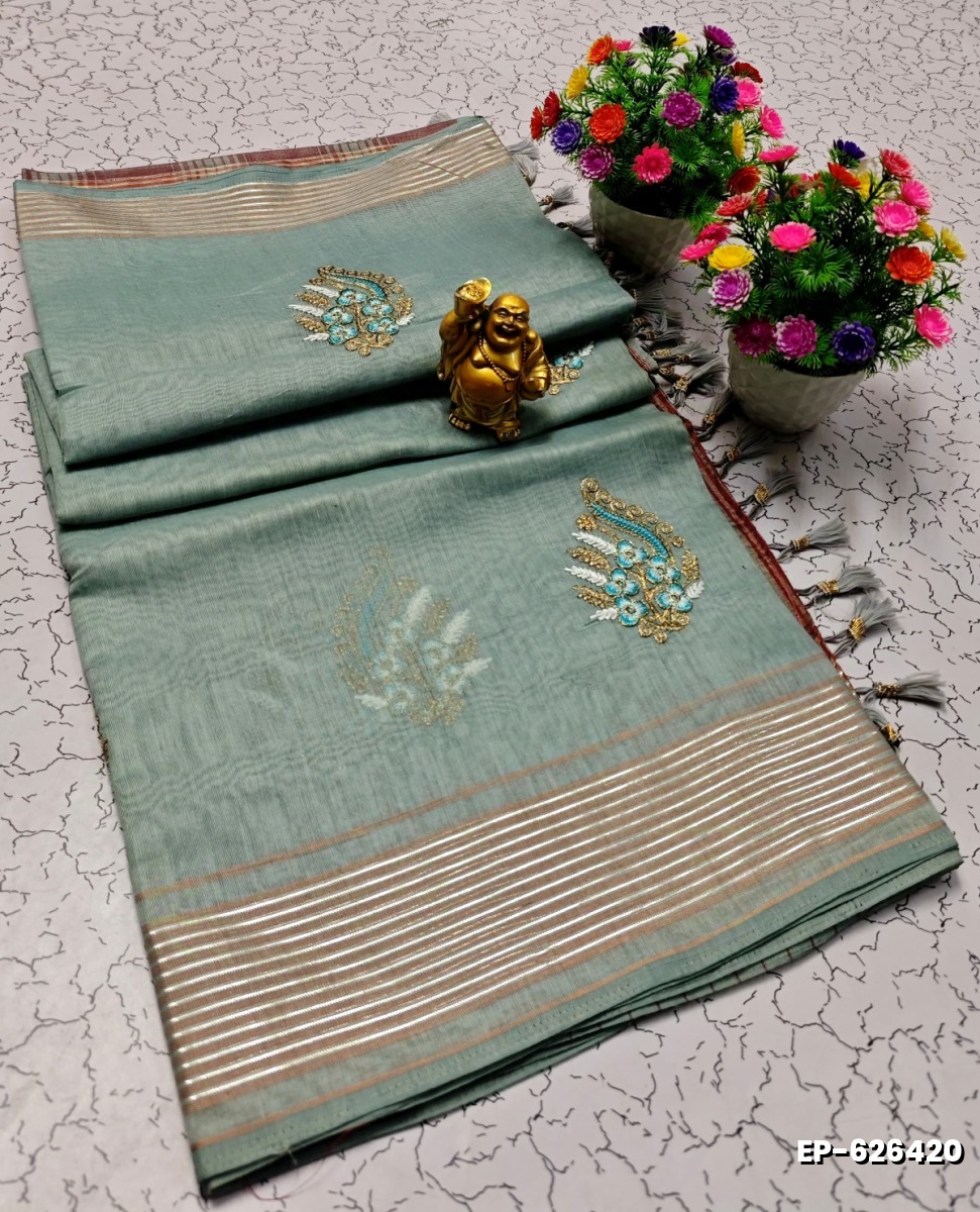 DIGITAL EMBROIDERY PRINTING COTTON SAREES - AS COLOR