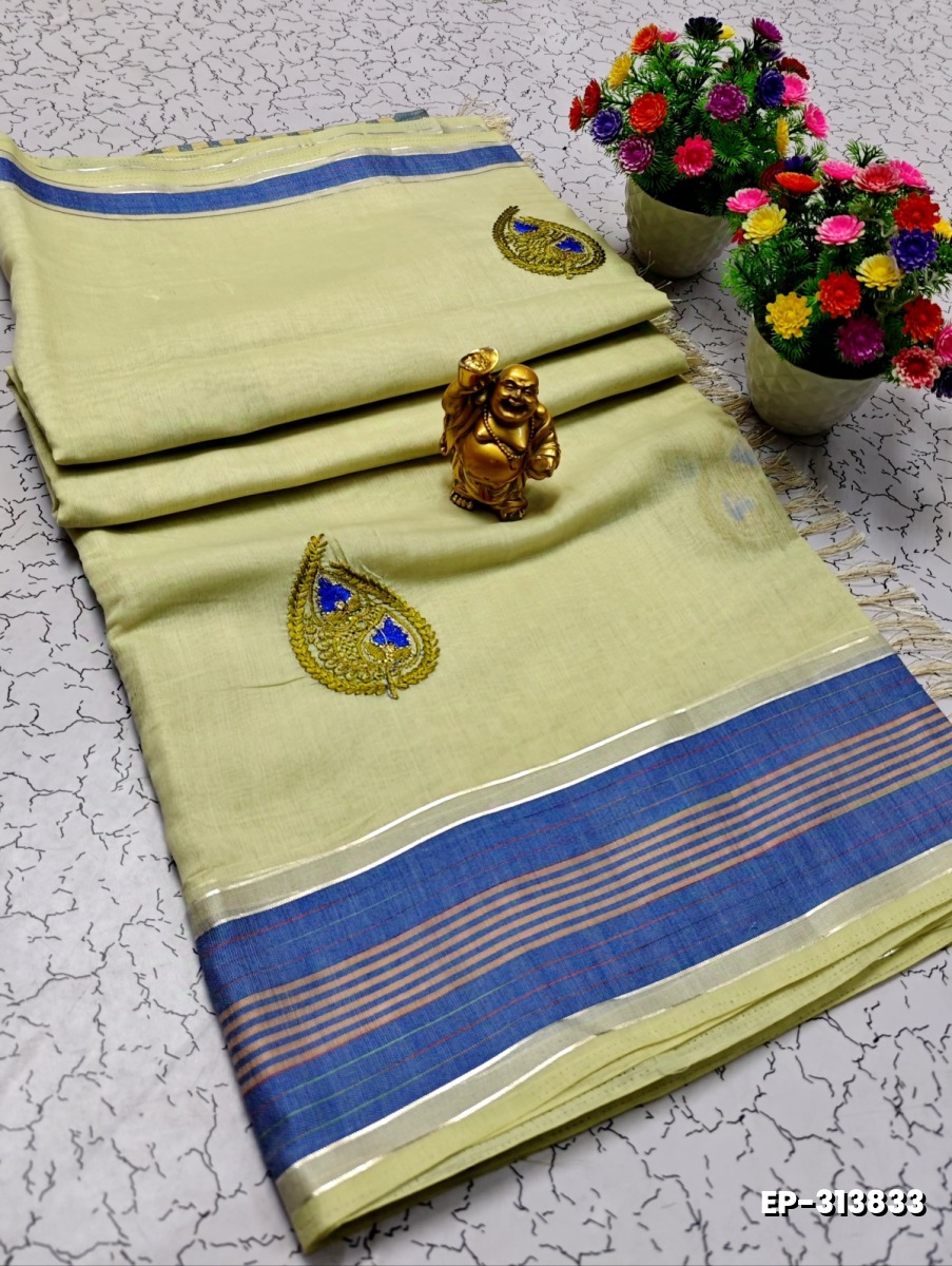 DIGITAL EMBROIDERY PRINTING COTTON SAREES - CREAM (1)