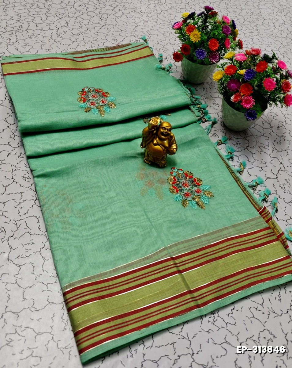 DIGITAL EMBROIDERY PRINTING COTTON SAREES - LIGHT GREEN SHADE (1)