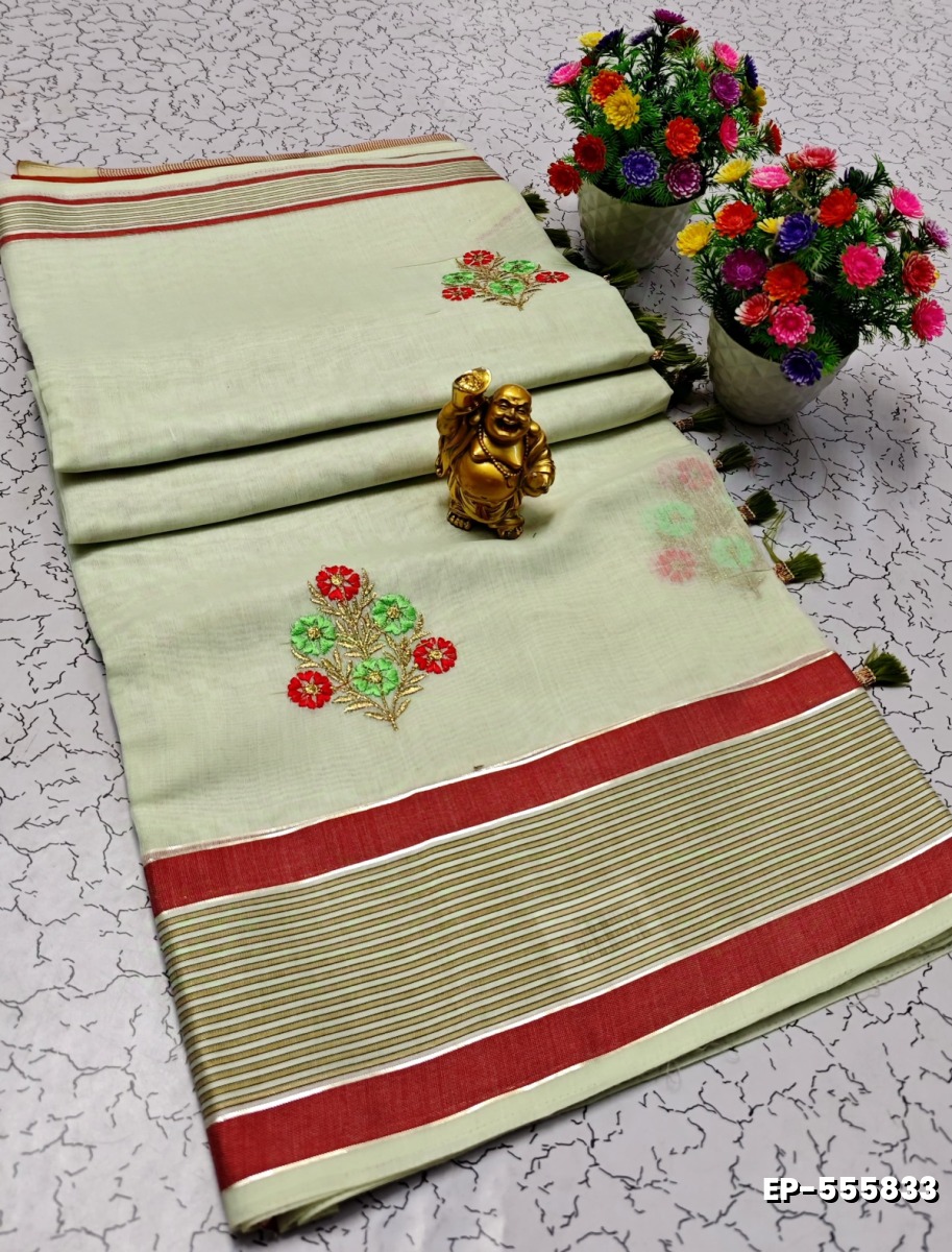 DIGITAL EMBROIDERY PRINTING COTTON SAREES - CREAM (2)