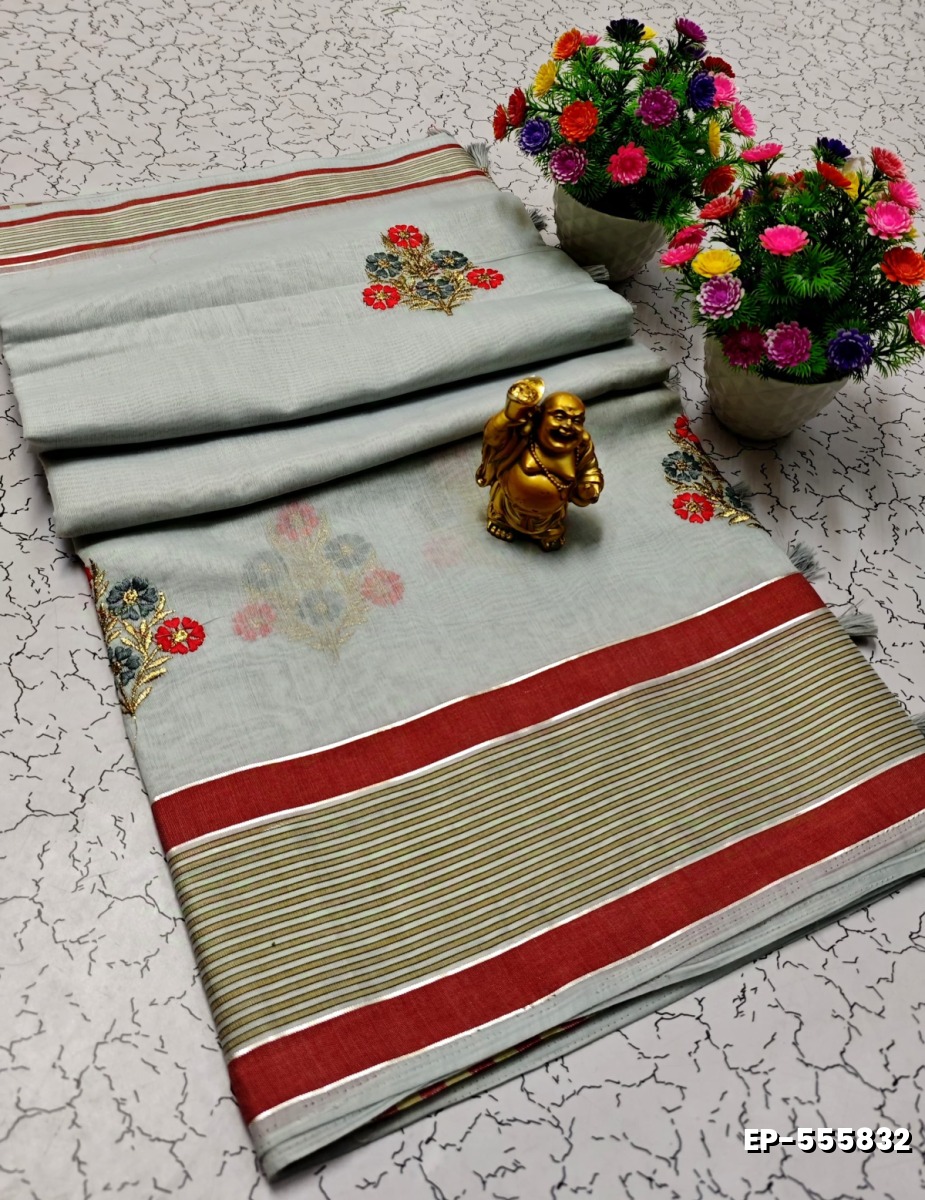 DIGITAL EMBROIDERY PRINTING COTTON SAREES - LIGHT SKY BLUE