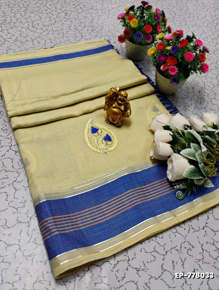 DIGITAL EMBROIDERY PRINTING COTTON SAREES - CREAM (3)