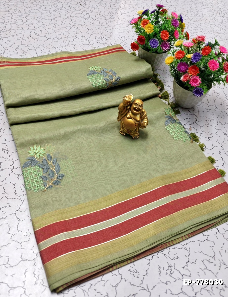 DIGITAL EMBROIDERY PRINTING COTTON SAREES - PESTA GREEN