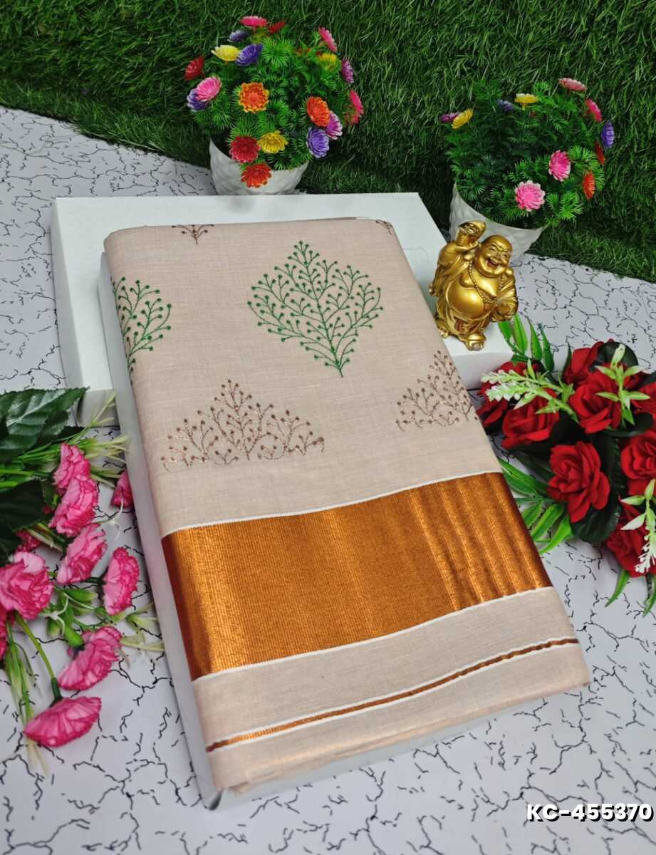 TRENDING KERALA SPECIAL FULL WORK EMBOSSED DIGITAL PRINTING TISSUE SAREE COLLECTIONS - IVORY COLOUR (23)