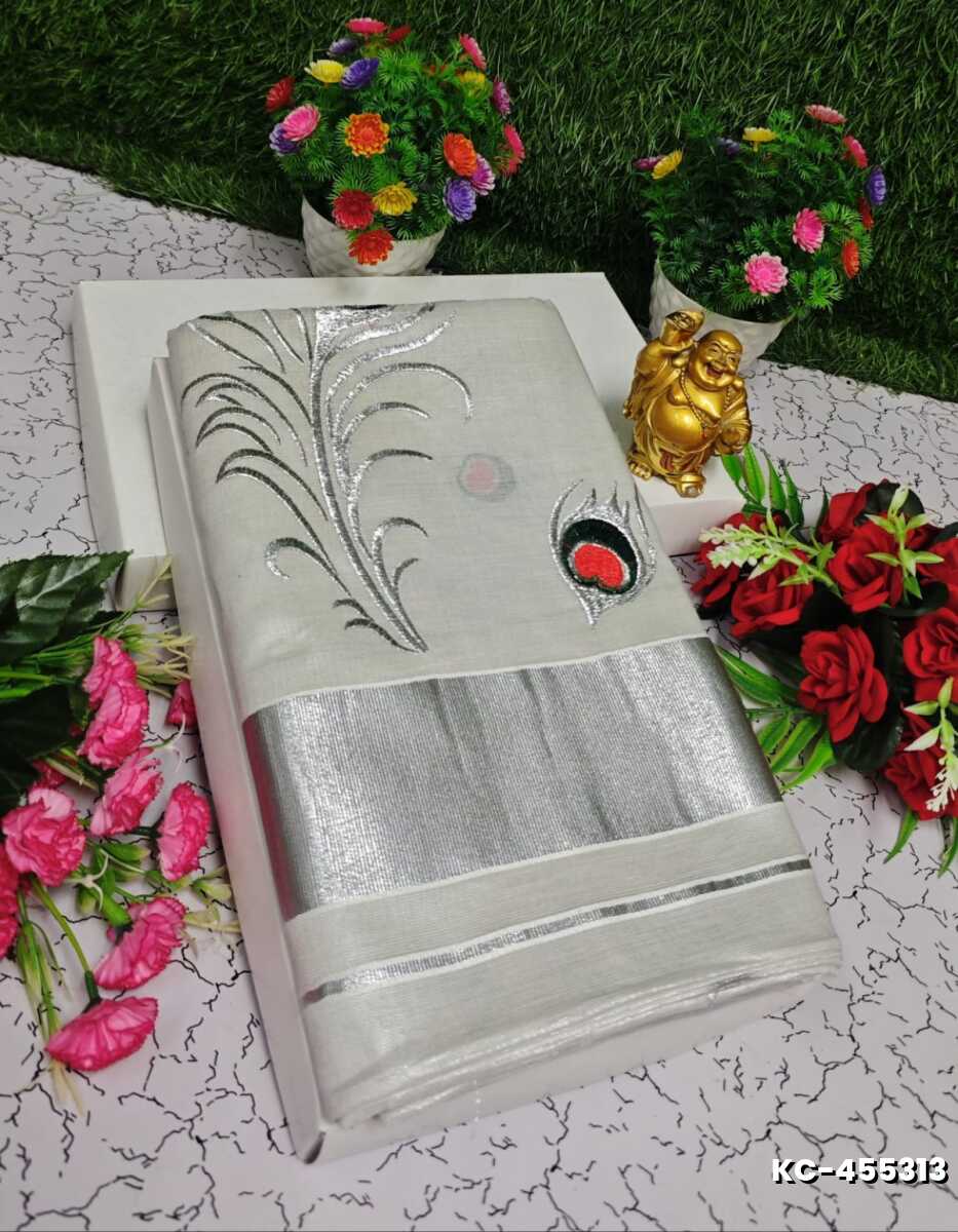 TRENDING KERALA SPECIAL FULL WORK EMBOSSED DIGITAL PRINTING TISSUE SAREE COLLECTIONS - SILVAR (9)