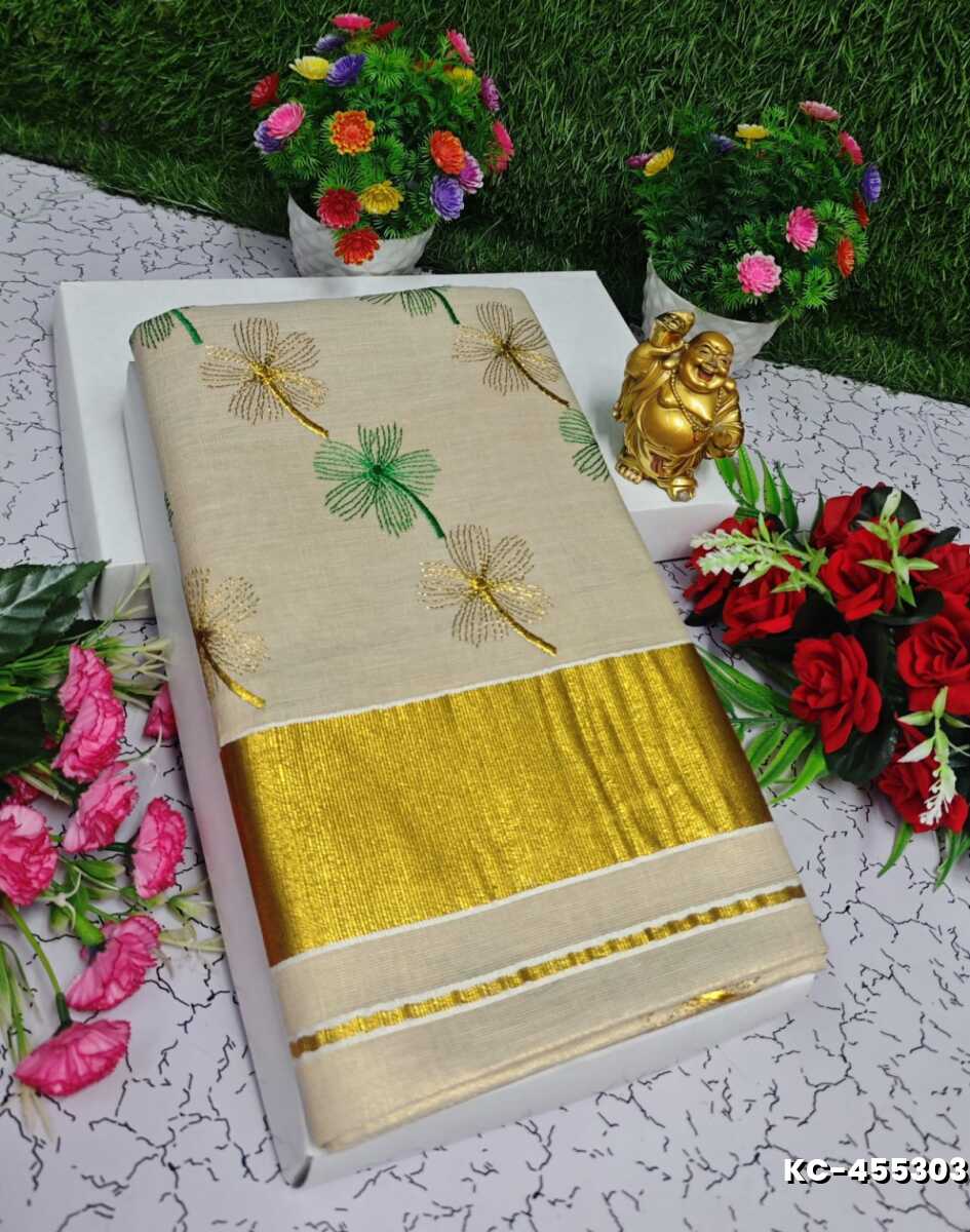 TRENDING KERALA SPECIAL FULL WORK EMBOSSED DIGITAL PRINTING TISSUE SAREE COLLECTIONS - GOLD (5)