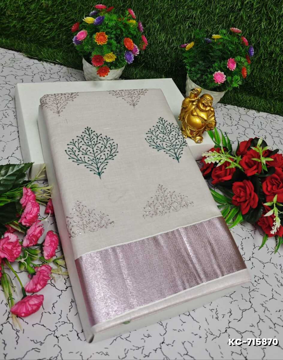 TRENDING KERALA SPECIAL FULL WORK EMBOSSED DIGITAL PRINTING TISSUE SAREE COLLECTIONS - IVORY COLOUR (24)